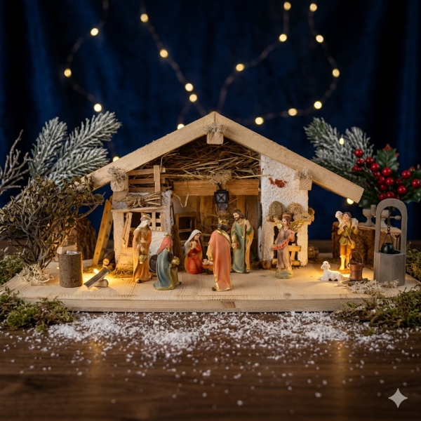 Wundervolle Weihnachtskrippe Kainsbach inkl. 12-tlg. Krippenfiguren Set K 650-9, Maße: ca. 58 x 25 x 25 cm